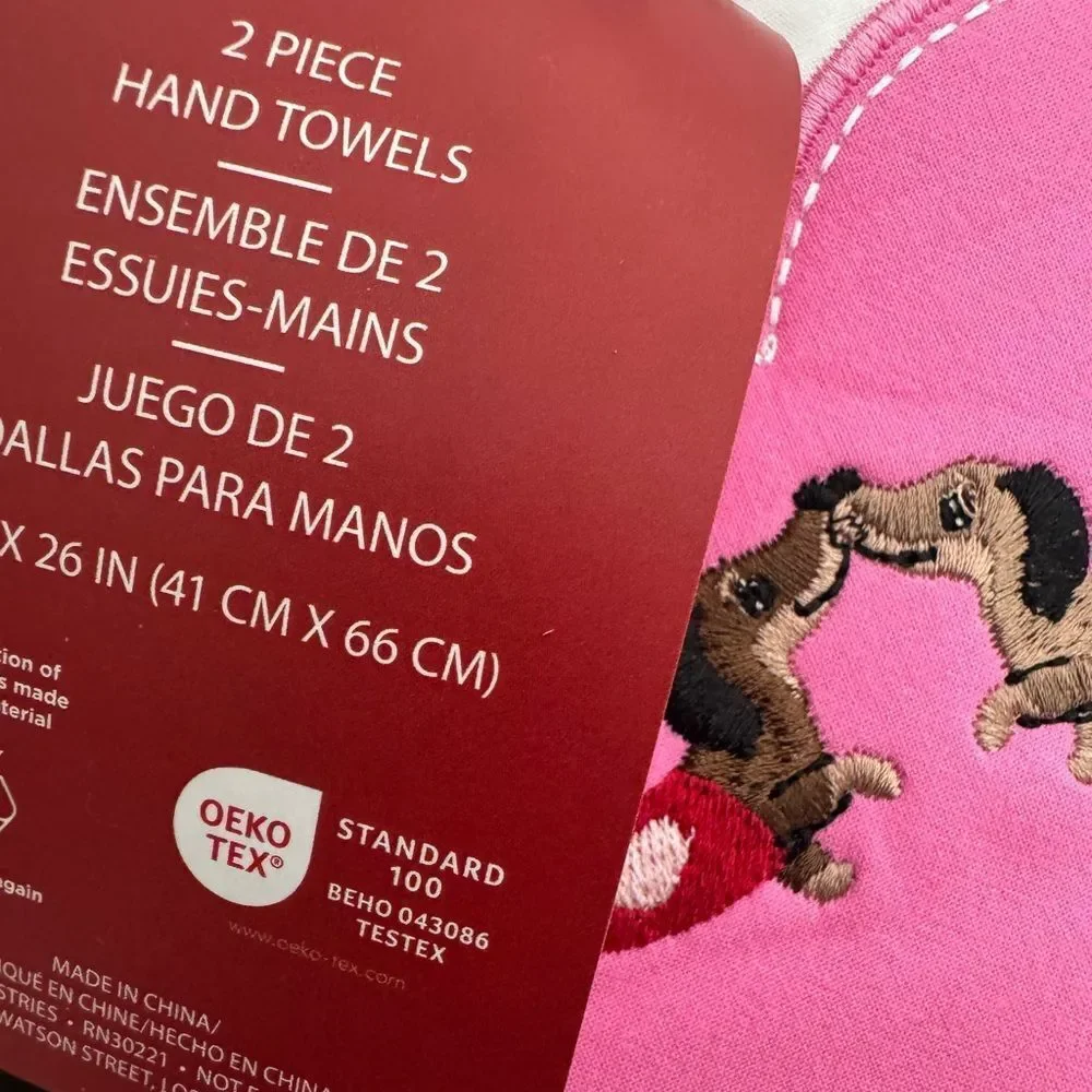 Pink Valentine Dachshund Dog Heart Embroidered Hand Towels Set